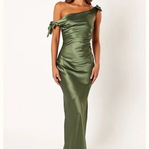 Petal & Pup Satin Green Off-Shoulder Dress
